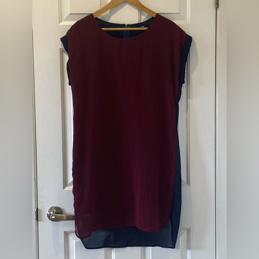 Elegant navy blue and burgundy midi dress – women's size M – work/evening